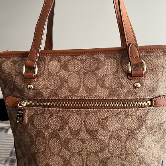 Coach Signature PVC Zip Top Tote - Khaki & Saddle - Picture 4 of 10